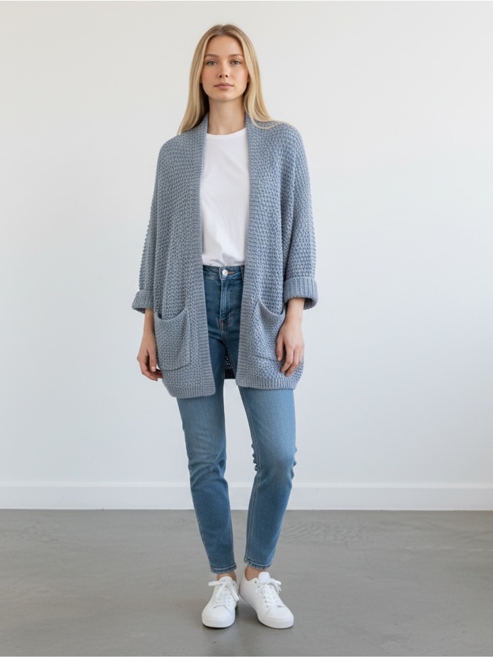 Sparrow Anthropologie Chunky Knit Open Front Cardigan Blue Gray Pockets Sz S